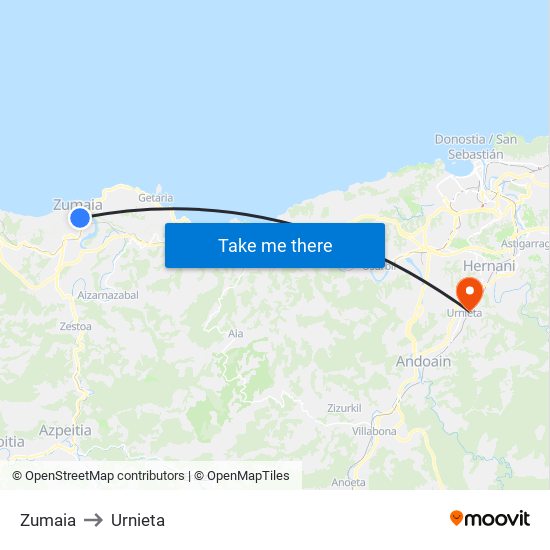 Zumaia to Urnieta map