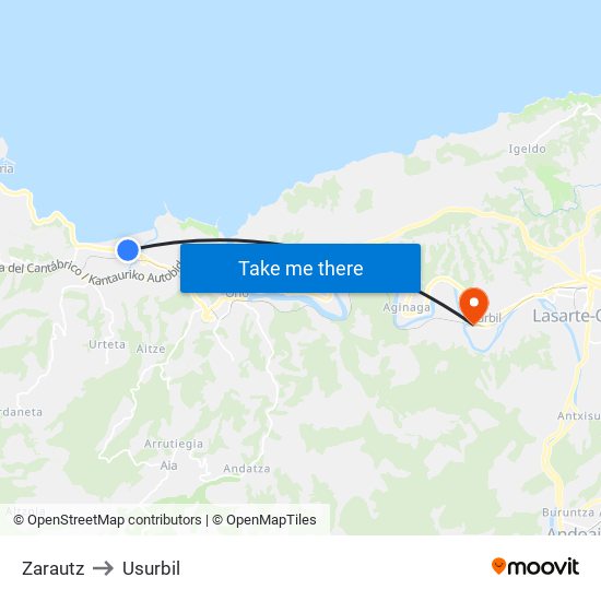 Zarautz to Usurbil map