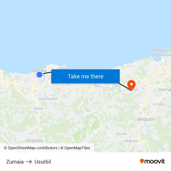 Zumaia to Usurbil map