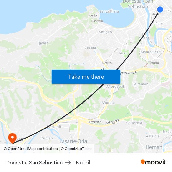 Donostia-San Sebastián to Usurbil map