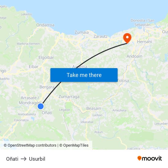 Oñati to Usurbil map