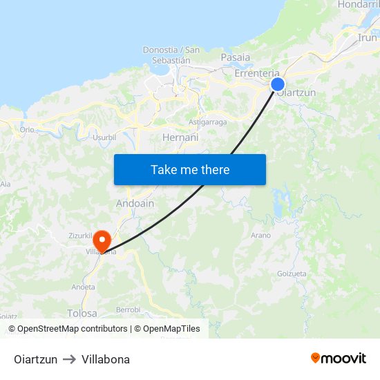Oiartzun to Villabona map