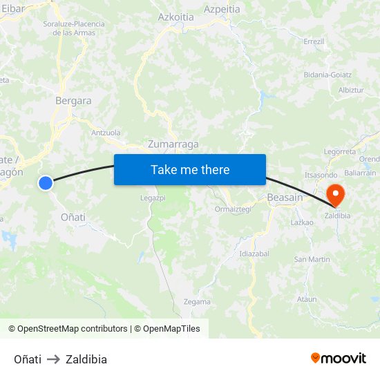 Oñati to Zaldibia map