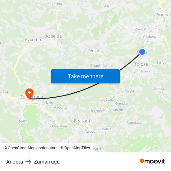 Anoeta to Zumarraga map