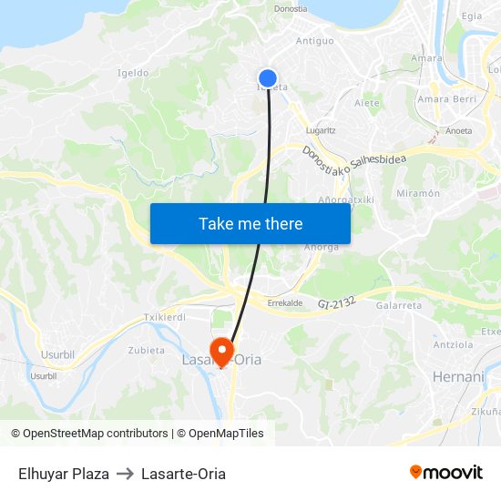 Elhuyar Plaza to Lasarte-Oria map