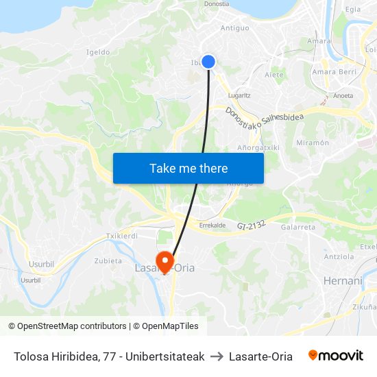 Tolosa Hiribidea, 77 - Unibertsitateak to Lasarte-Oria map