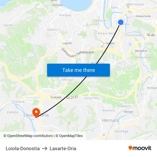 Loiola-Donostia to Lasarte-Oria map