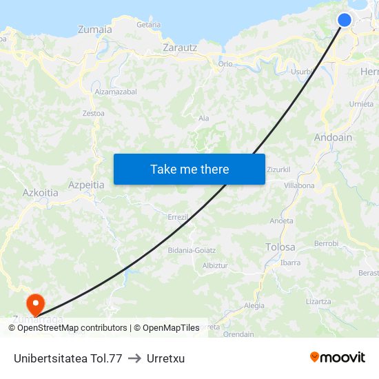 Unibertsitatea Tol.77 to Urretxu map