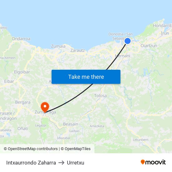 Intxaurrondo Zaharra to Urretxu map