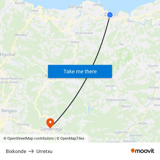 Bixkonde to Urretxu map