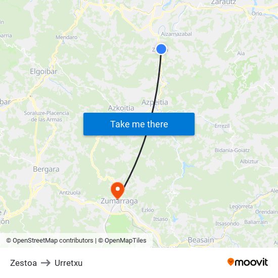 Zestoa to Urretxu map