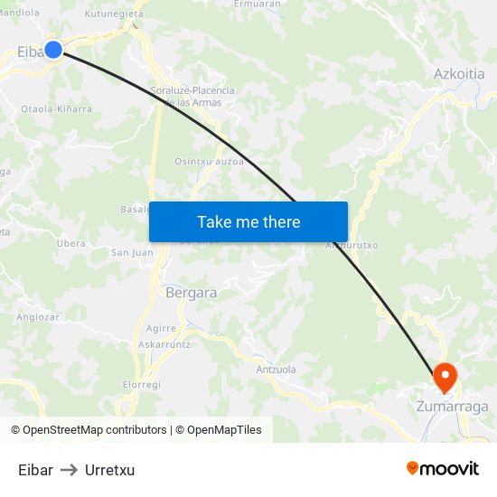 Eibar to Urretxu map