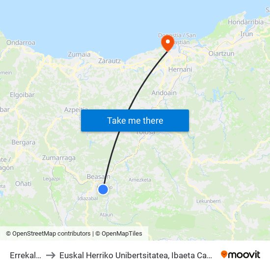 Errekalde to Euskal Herriko Unibertsitatea, Ibaeta Campusa map