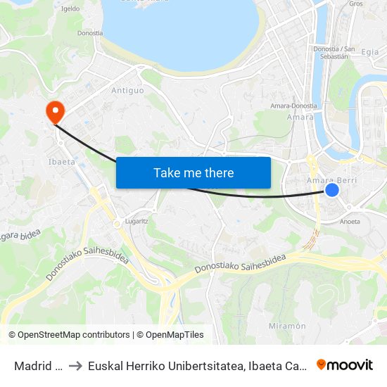 Madrid 14 to Euskal Herriko Unibertsitatea, Ibaeta Campusa map