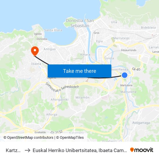 Kartzela to Euskal Herriko Unibertsitatea, Ibaeta Campusa map