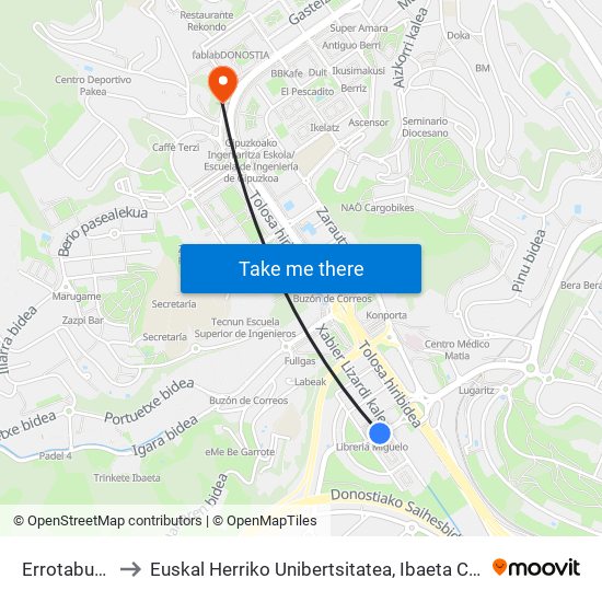 Errotaburu 6 to Euskal Herriko Unibertsitatea, Ibaeta Campusa map