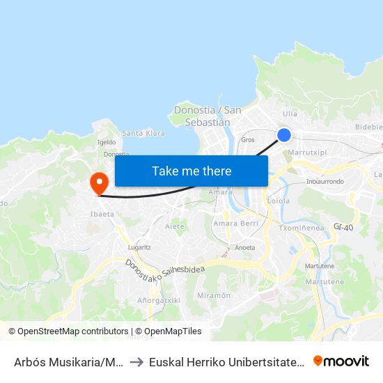 Arbós Musikaria/Maestro Arbós to Euskal Herriko Unibertsitatea, Ibaeta Campusa map