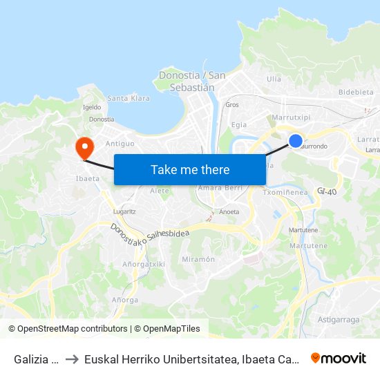 Galizia 18 to Euskal Herriko Unibertsitatea, Ibaeta Campusa map