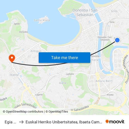 Egia 17 to Euskal Herriko Unibertsitatea, Ibaeta Campusa map