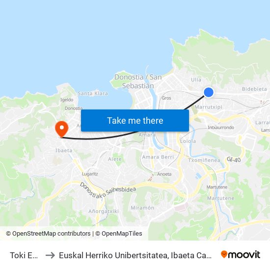 Toki Eder to Euskal Herriko Unibertsitatea, Ibaeta Campusa map