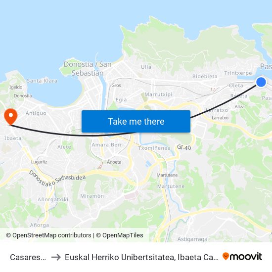 Casares 57 to Euskal Herriko Unibertsitatea, Ibaeta Campusa map