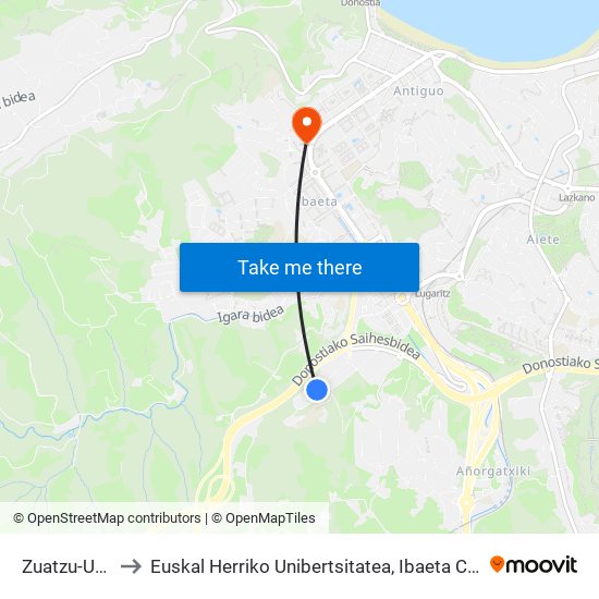 Zuatzu-Urola to Euskal Herriko Unibertsitatea, Ibaeta Campusa map