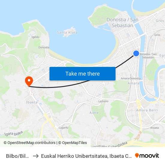 Bilbo/Bilbao to Euskal Herriko Unibertsitatea, Ibaeta Campusa map