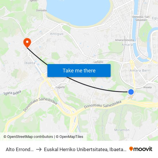 Alto Errondo 32 to Euskal Herriko Unibertsitatea, Ibaeta Campusa map
