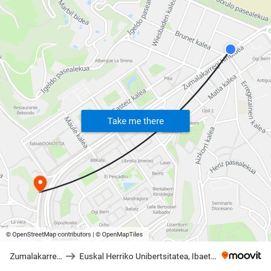 Zumalakarregi 10 to Euskal Herriko Unibertsitatea, Ibaeta Campusa map