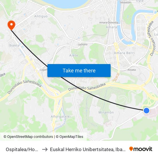 Ospitalea/Hospital II to Euskal Herriko Unibertsitatea, Ibaeta Campusa map