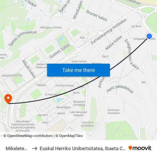 Mikeleteak 4 to Euskal Herriko Unibertsitatea, Ibaeta Campusa map