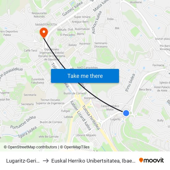 Lugaritz-Geriatrico to Euskal Herriko Unibertsitatea, Ibaeta Campusa map