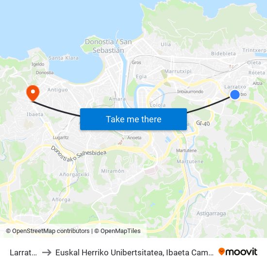 Larratxo to Euskal Herriko Unibertsitatea, Ibaeta Campusa map