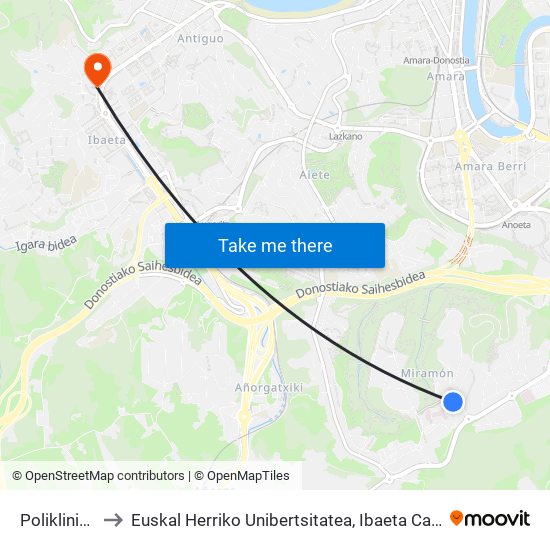 Poliklinika I to Euskal Herriko Unibertsitatea, Ibaeta Campusa map