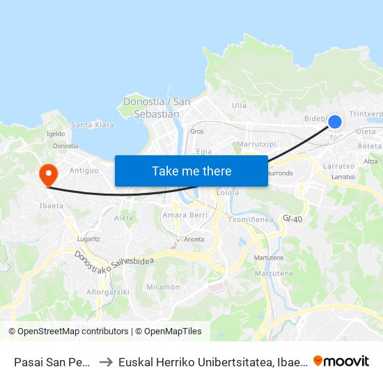 Pasai San Pedro 25 to Euskal Herriko Unibertsitatea, Ibaeta Campusa map