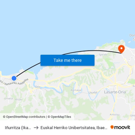 Iñurritza (Ikastola) to Euskal Herriko Unibertsitatea, Ibaeta Campusa map