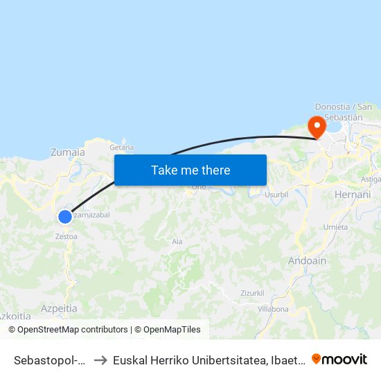 Sebastopol-Iraeta to Euskal Herriko Unibertsitatea, Ibaeta Campusa map