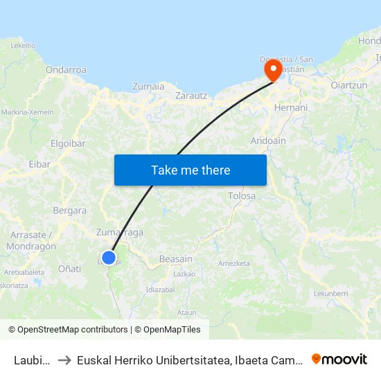 Laubide to Euskal Herriko Unibertsitatea, Ibaeta Campusa map