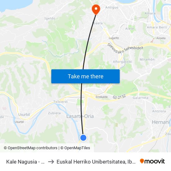 Kale Nagusia - Oztaran to Euskal Herriko Unibertsitatea, Ibaeta Campusa map