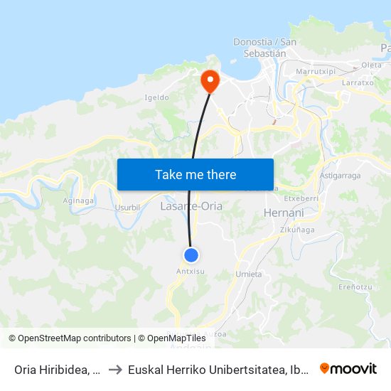 Oria Hiribidea, 7 - Eliza to Euskal Herriko Unibertsitatea, Ibaeta Campusa map