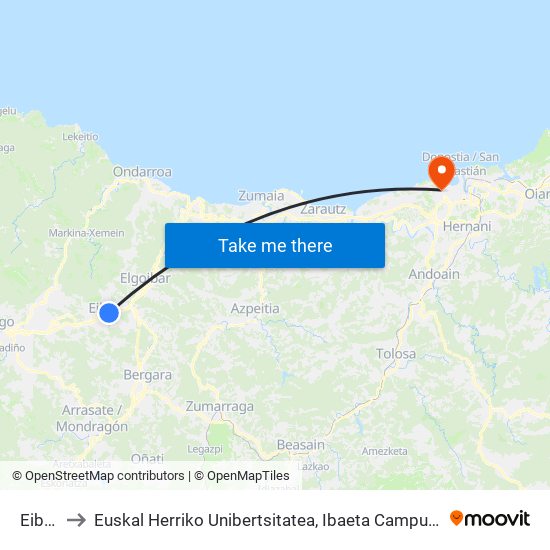 Eibar to Euskal Herriko Unibertsitatea, Ibaeta Campusa map