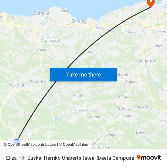 Eliza to Euskal Herriko Unibertsitatea, Ibaeta Campusa map