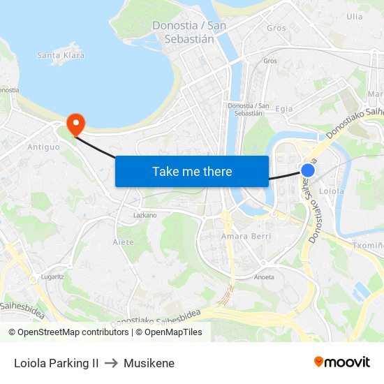 Loiola Parking II to Musikene map