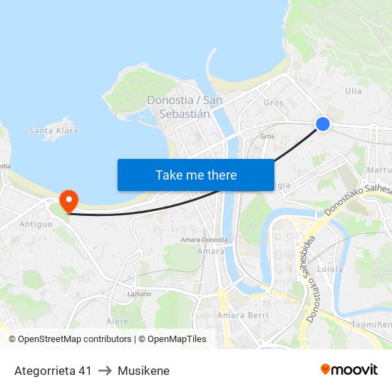 Ategorrieta 41 to Musikene map