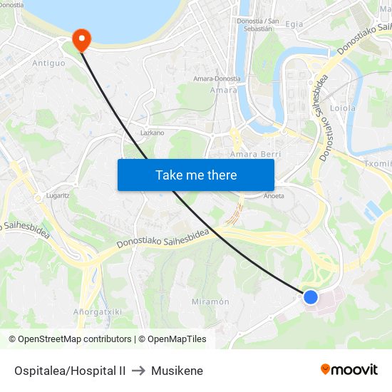 Ospitalea/Hospital II to Musikene map