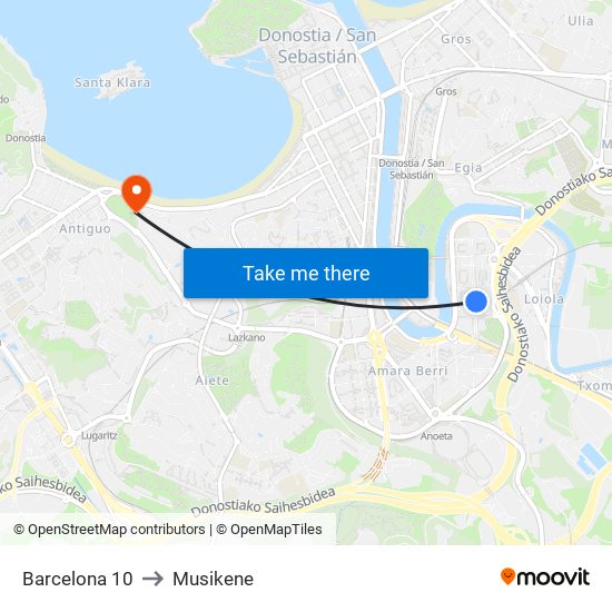 Barcelona 10 to Musikene map