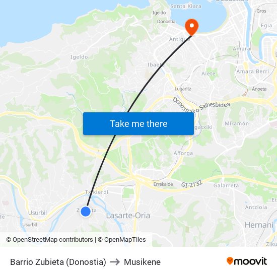 Barrio Zubieta (Donostia) to Musikene map