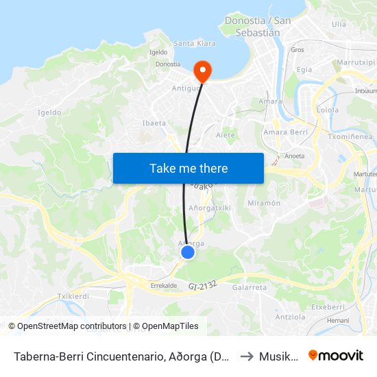 Taberna-Berri Cincuentenario, Aðorga (Donostia) to Musikene map