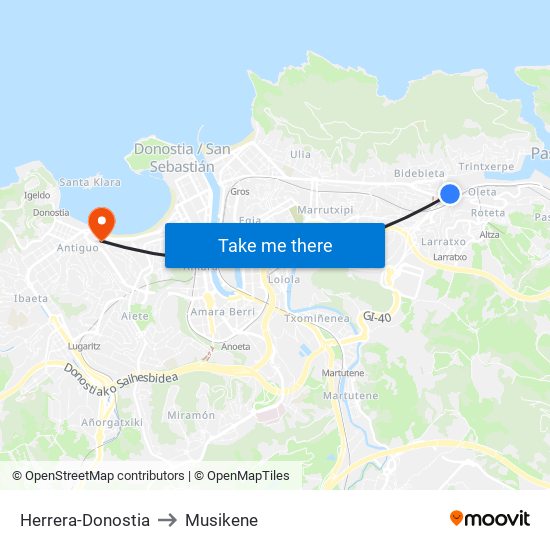 Herrera-Donostia to Musikene map