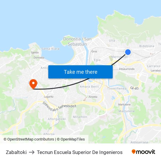 Zabaltoki to Tecnun Escuela Superior De Ingenieros map